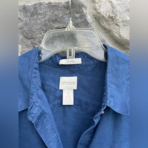Chicos Button Up Blouse Top Sz 2 (LG) 100% Linen Blue Beachy Coastal Lightweight - Picture 3 of 5